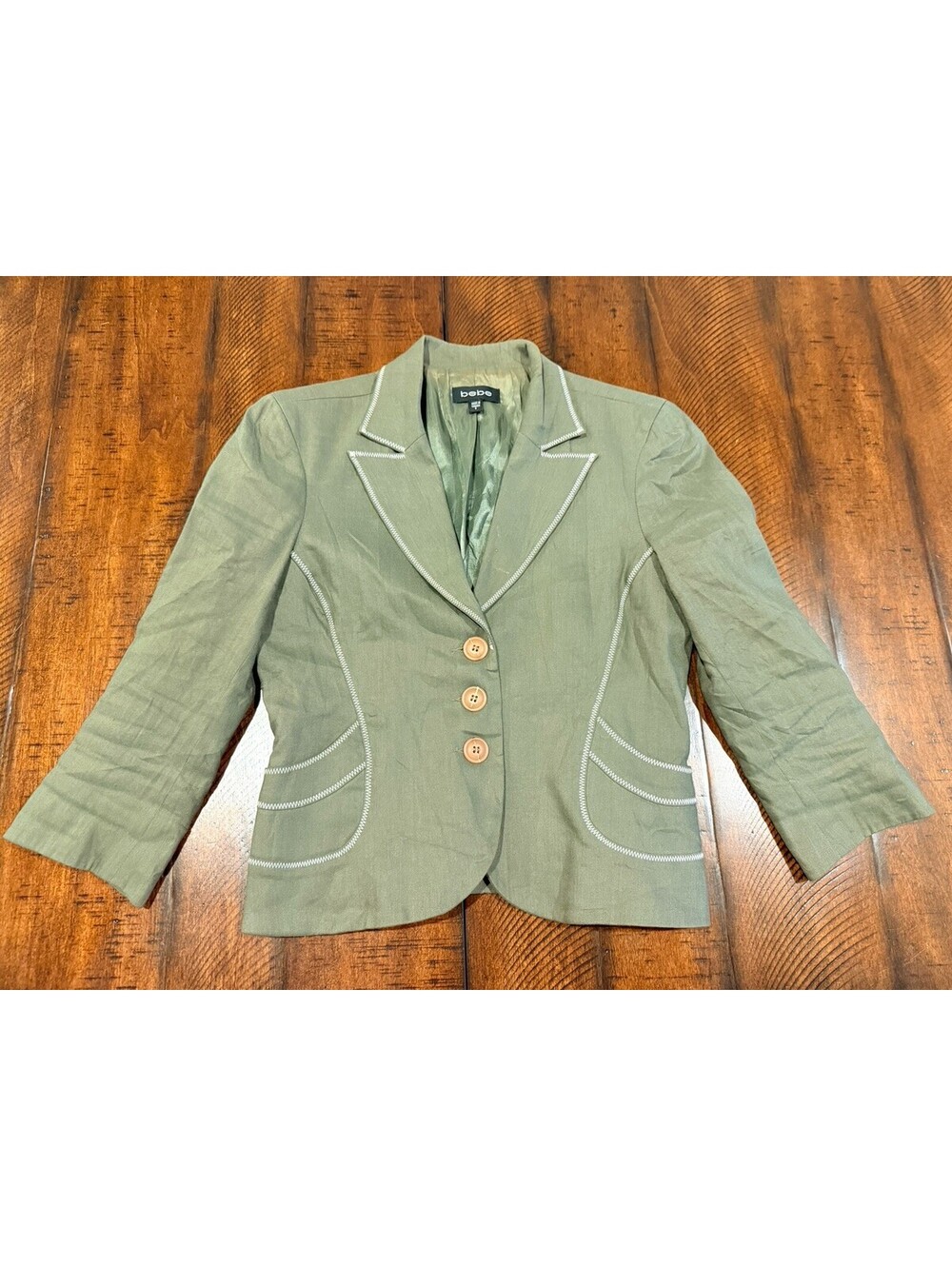 Vintage BEBE Burnt Olive Blazer Contrast White Stitching, Made in Canada Size 6